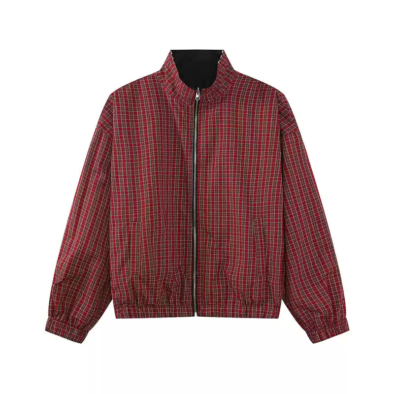 Reversible plaid stand collar jacket OR4055