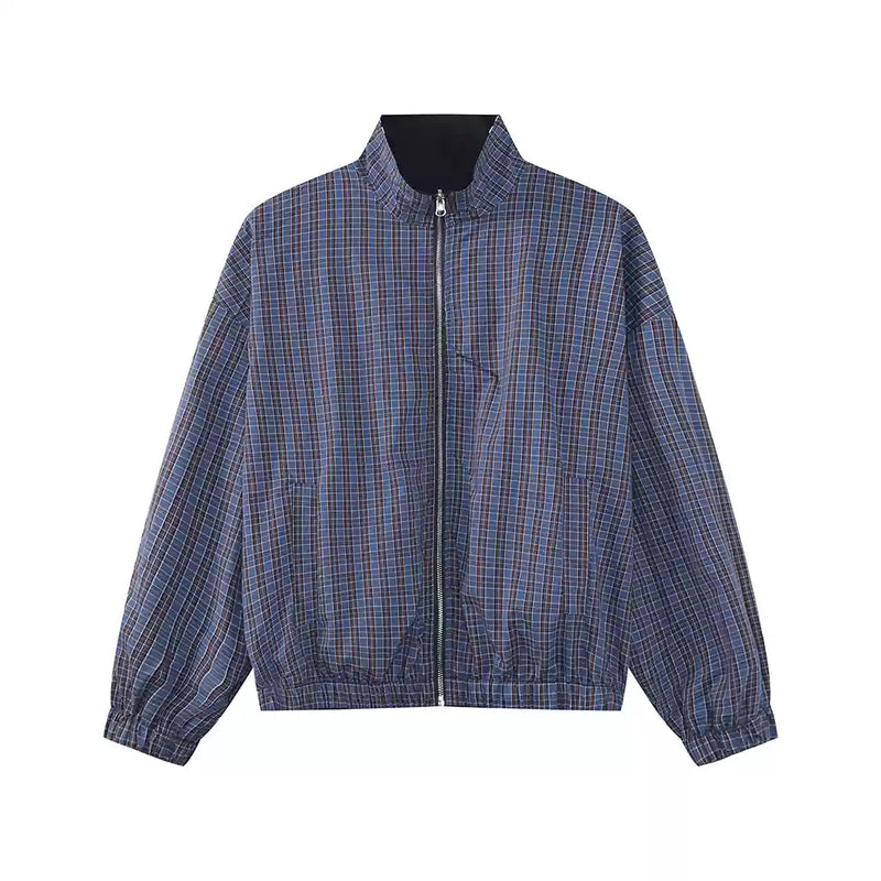 Reversible plaid stand collar jacket OR4055