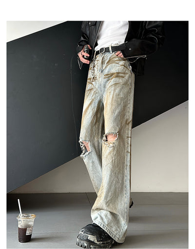 Damaged denim straight pants OR3800