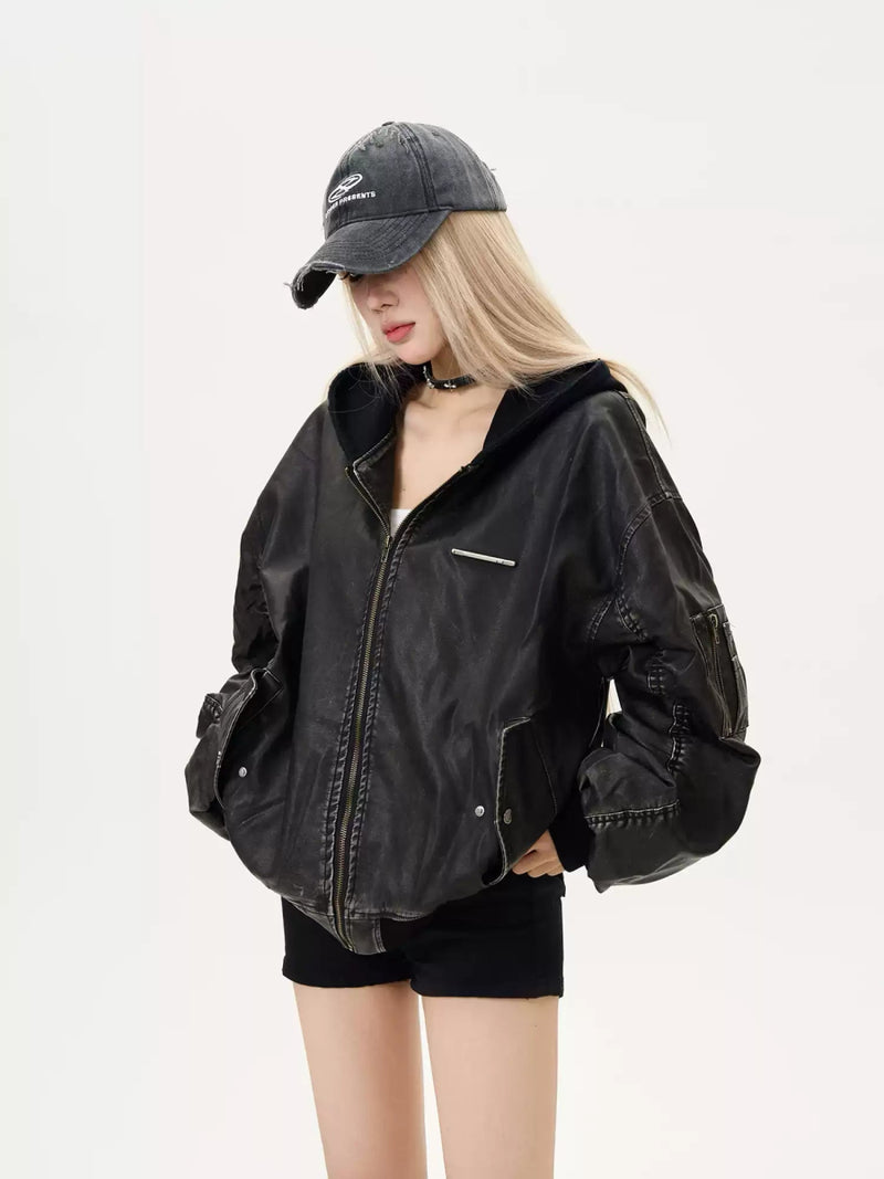 Leather hoodie jacket OR3847 - ORUN