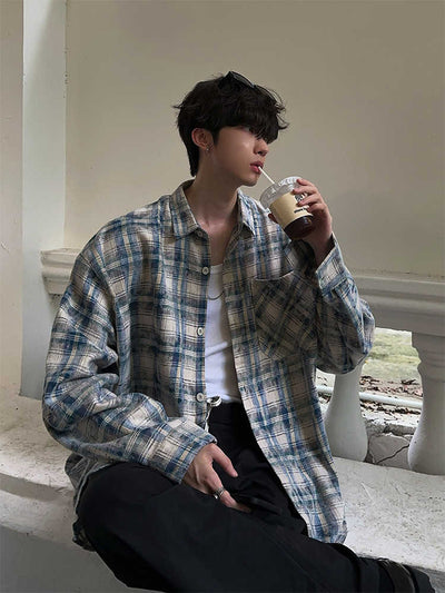 Long sleeve blue plaid shirt OR3595 - ORUN