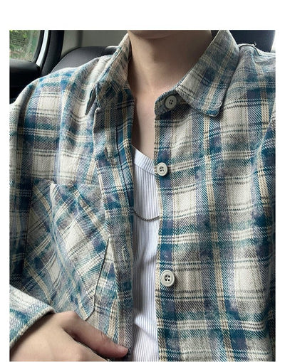 Long sleeve blue plaid shirt OR3595 - ORUN