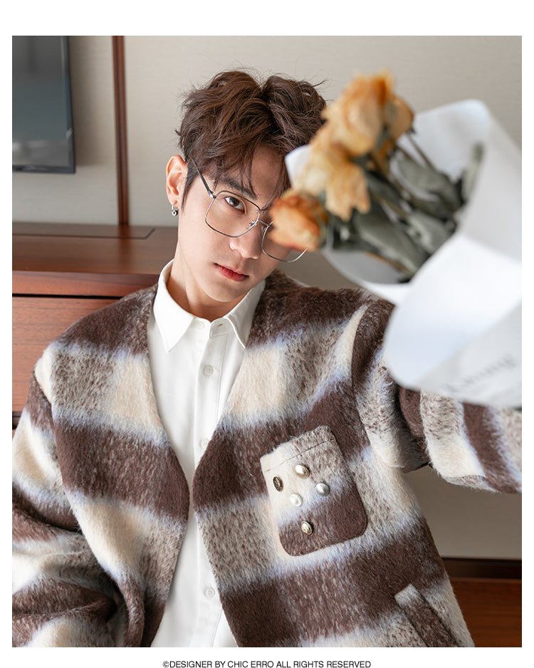 Check pattern V neck wool jacket or2403 - ORUN