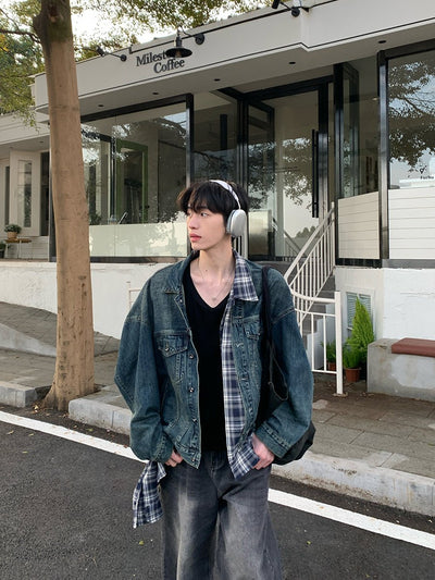 Fake layered check pattern denim jacket or2655 - ORUN